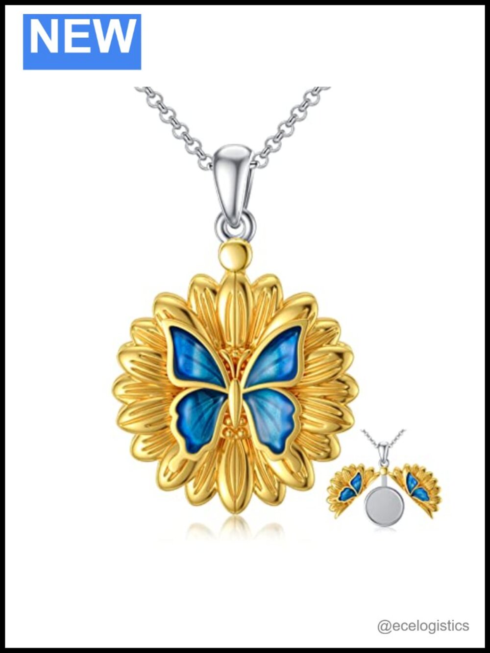Gold plated silver butterfly locket necklace holds 2 pictures